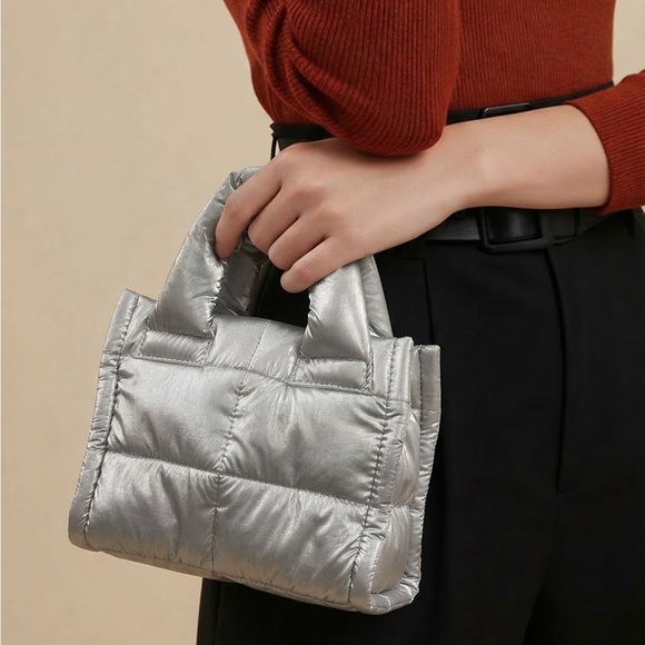 Handbags - Silver Quilted Puffer Tote Bag - Women's Handbag